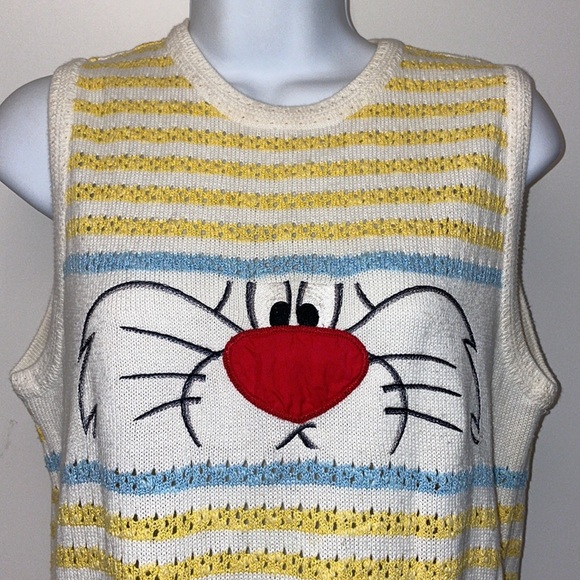 Vtg yellow striped Mala & Mori Sports Sylvester Cat embroidered knit vest top S - Picture 2 of 10